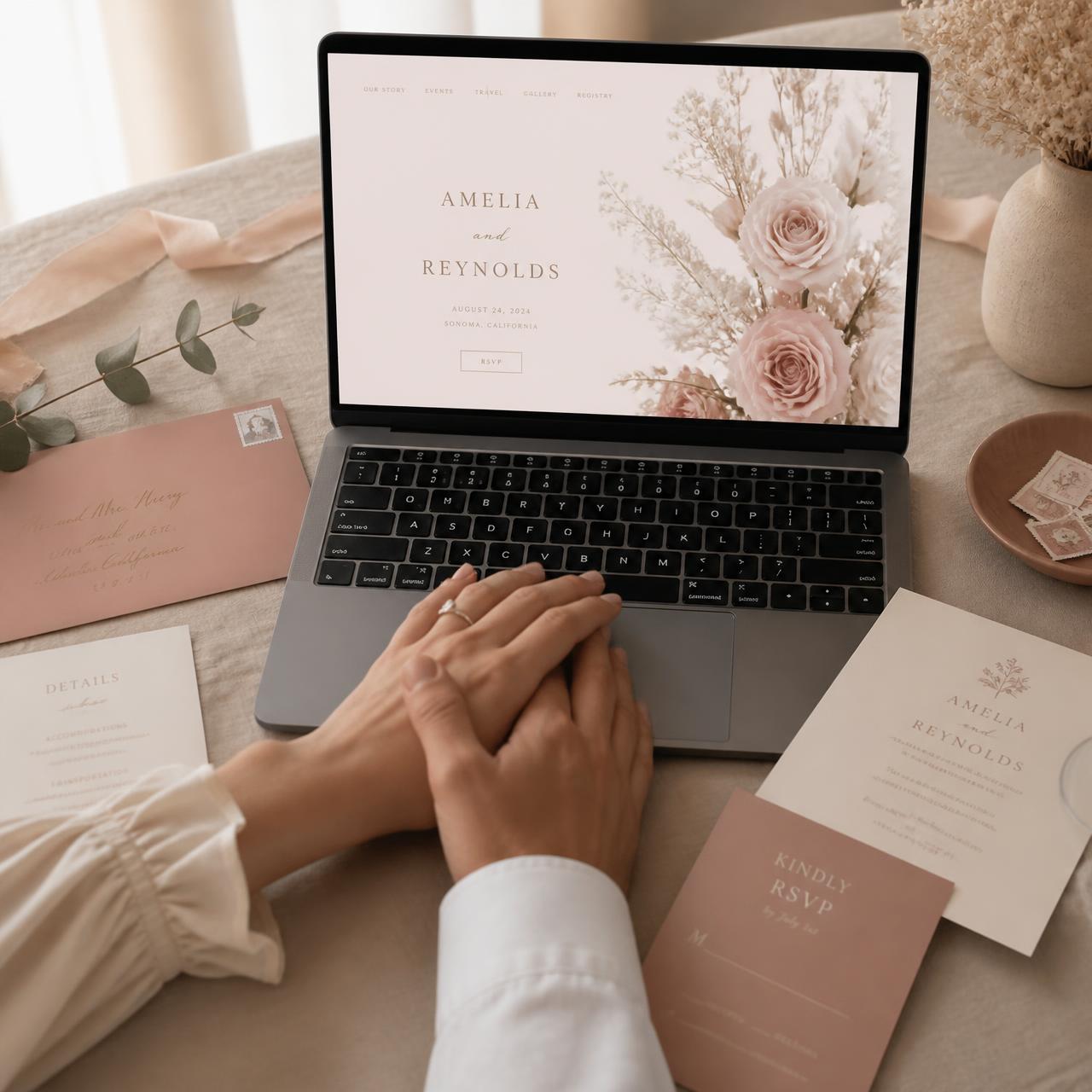 A couple's hands at a laptop showing their blush-toned wedding website, beside invitation stationery